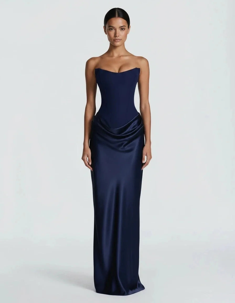 Vespera — La Robe En Satin à Lacets Corset — Bleu Marine, photo 6